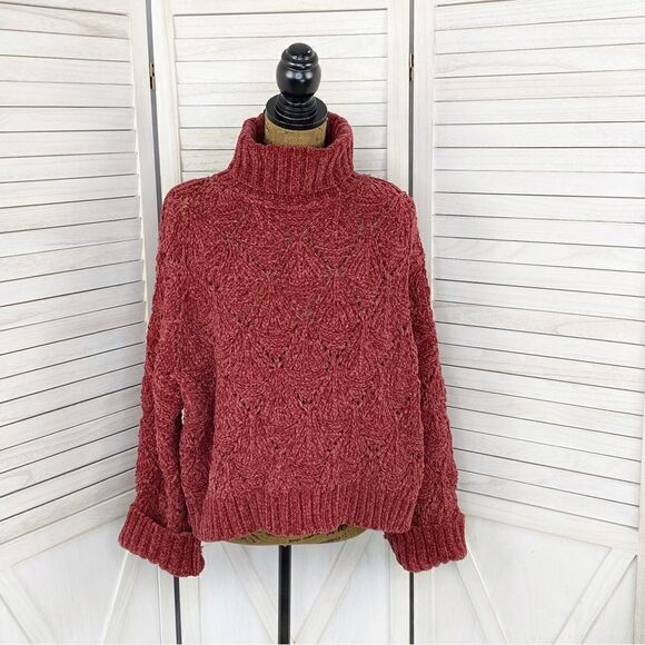 POL Chenille Chunky Knit Turtleneck Crop Pullover Maroon Red Medium - Picture 1 of 13